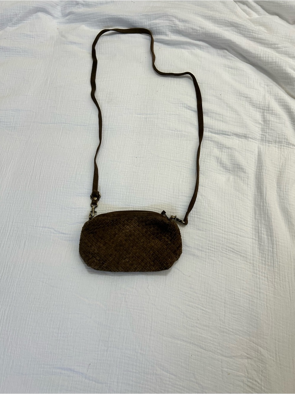Brown Woven Crossbody Pouch — Adjustable Strap